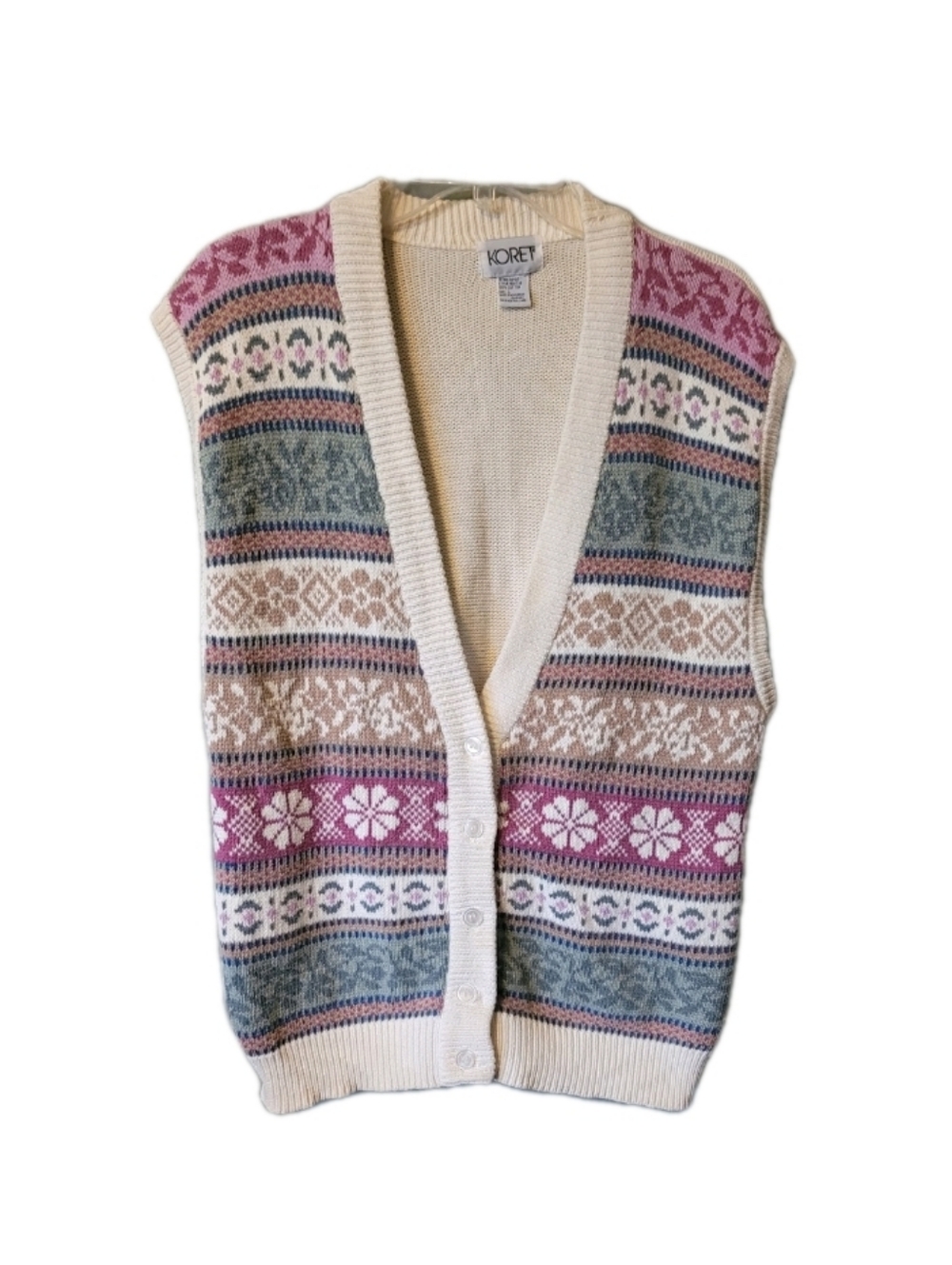 Koret Womens Cardigan Vest Large Fair Isle  Multicolor Cottage Core Grandma Core